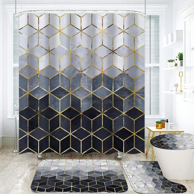 LQCOOL 4Pcs Blue Gradient Shower Curtain Set Modern Geometric Shower Curtain Set Golden Cubic Lines Bathroom Set (Blue)… - Image 1